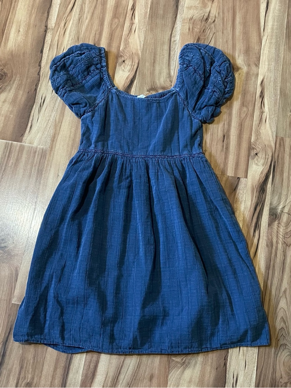 AE Blue Short Puff Sleeve Smocked Gauze Boho Peasant Dress Sz XS